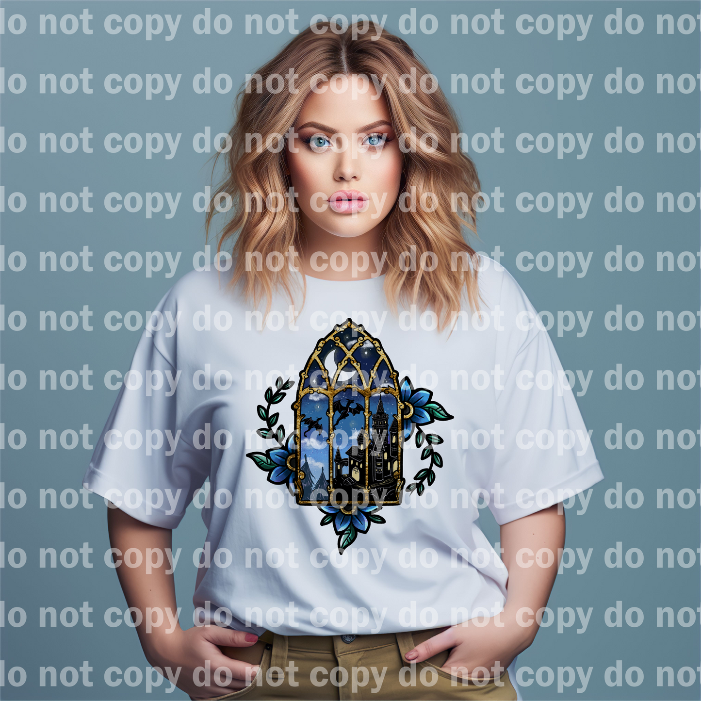 Fantasy Blue Window Floral Black Outline/White Outline