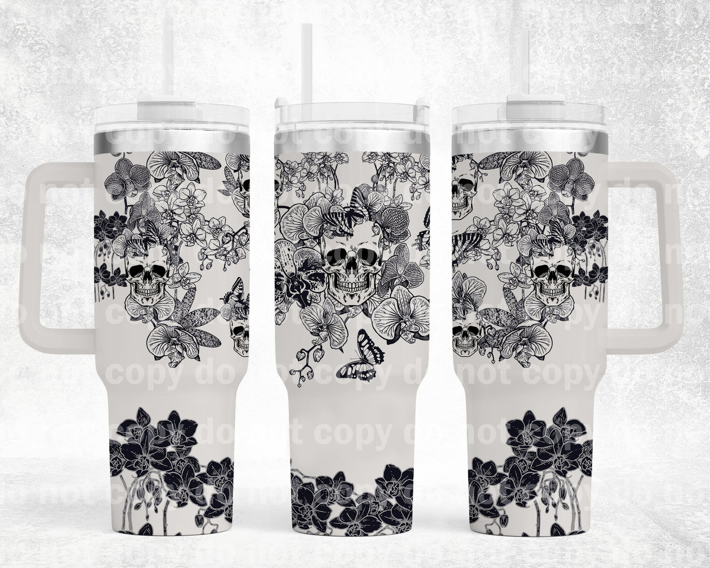 Orquídeas y calaveras (relleno blanco) con opción inferior para envoltorio de vaso de 40 oz