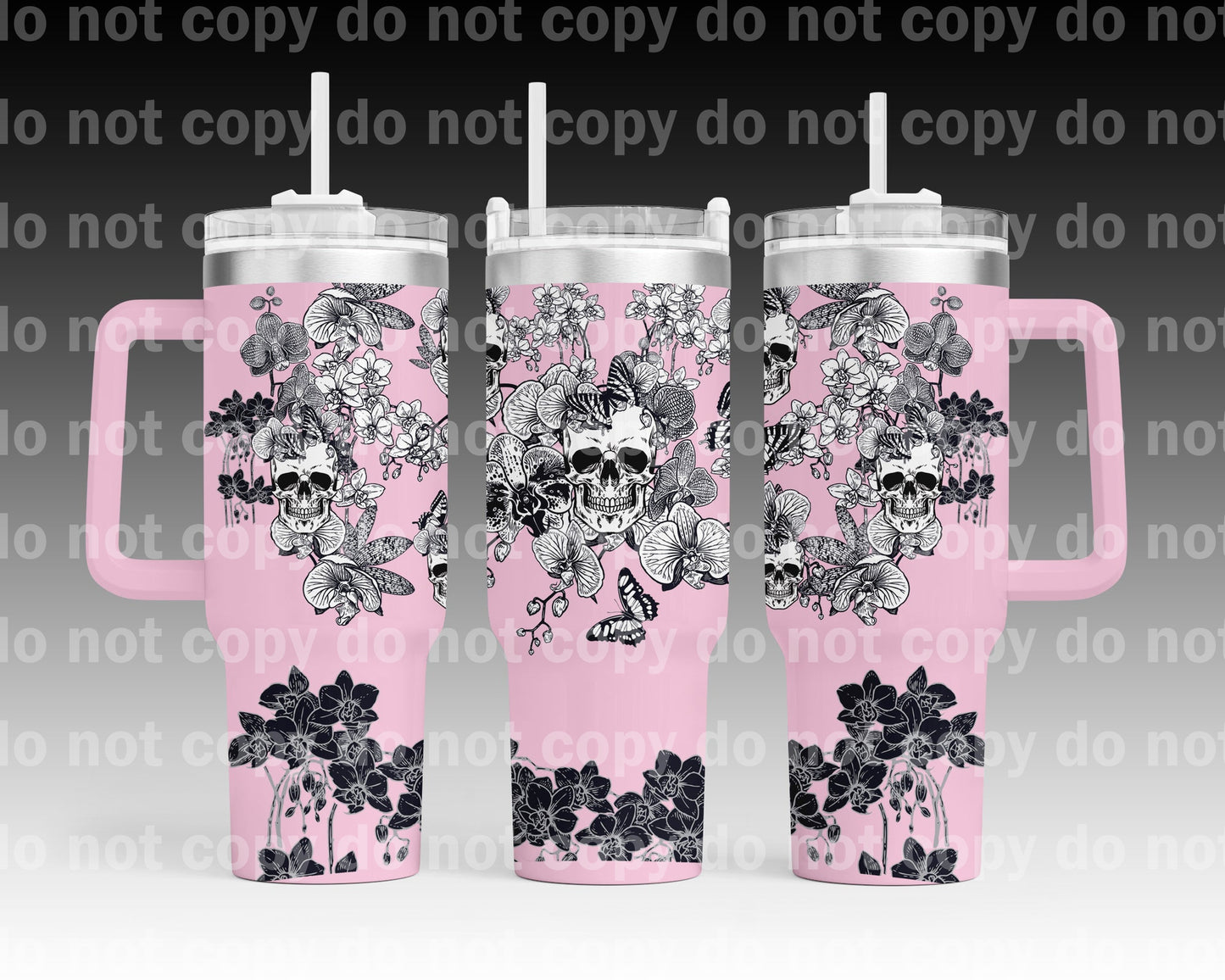 Orquídeas y calaveras (relleno blanco) con opción inferior para envoltorio de vaso de 40 oz