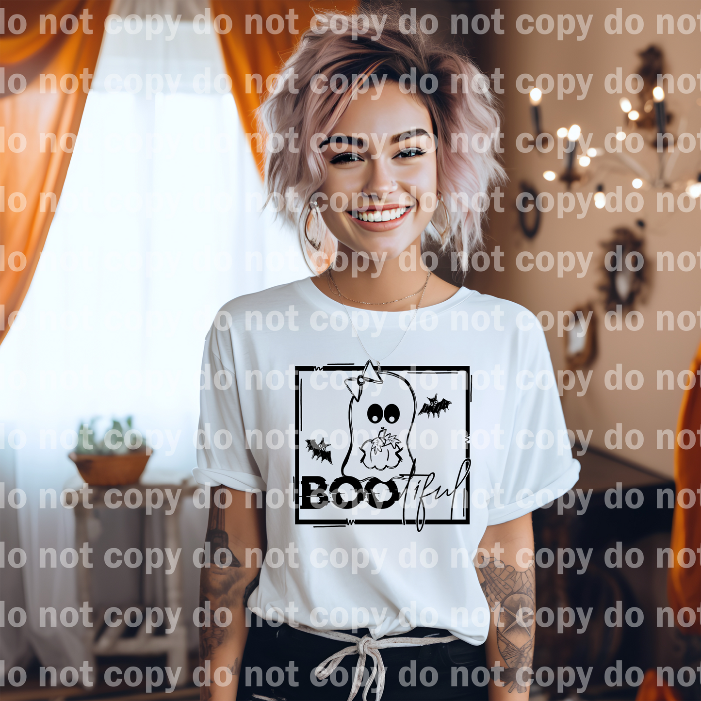 BOOtiful Ghost with pumpkin Screen print transfer Dream Print or Sublimation Print