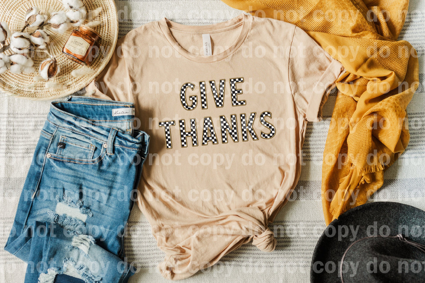 Give Thanks Checkered Embroidery Dream Print or Sublimation Print