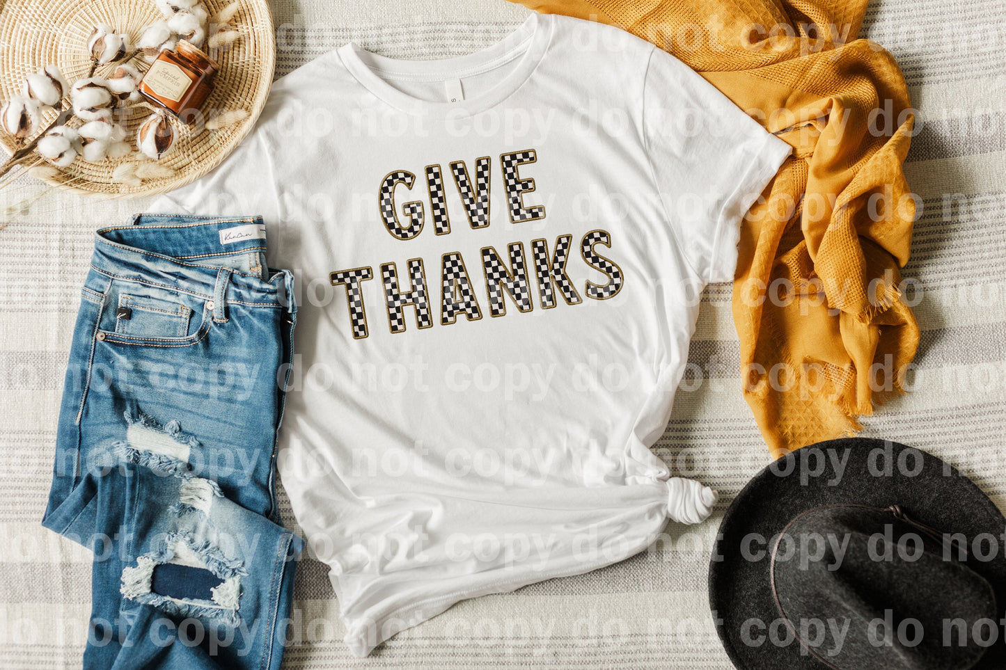 Give Thanks Checkered Embroidery Dream Print or Sublimation Print
