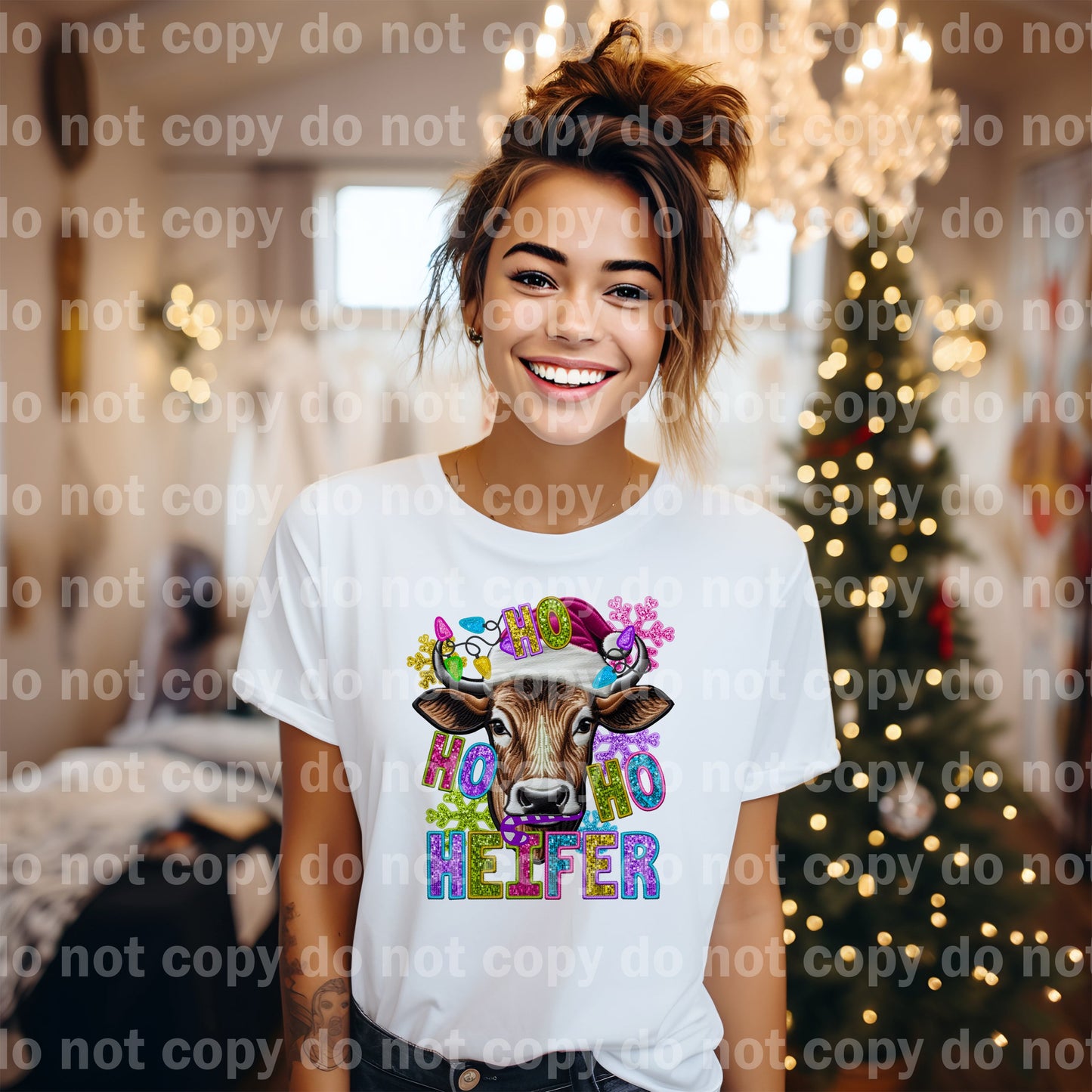 Ho Ho Ho Heifer with Optional Sleeve Design Dream Print or Sublimation Print