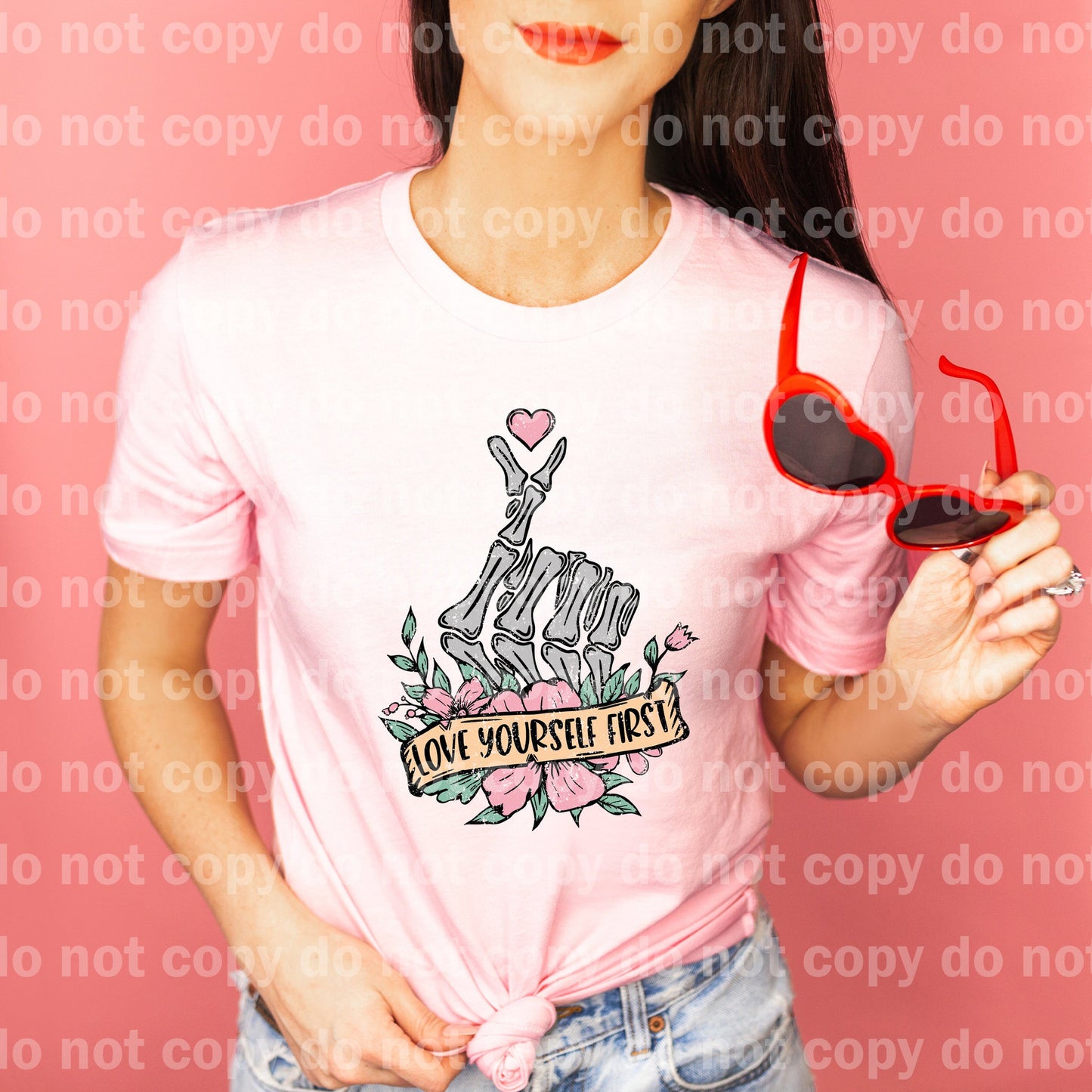 Love Yourself First Heart Finger Skellie Distressed Full Color/One Color with Pocket Option Dream Print or Sublimation Print