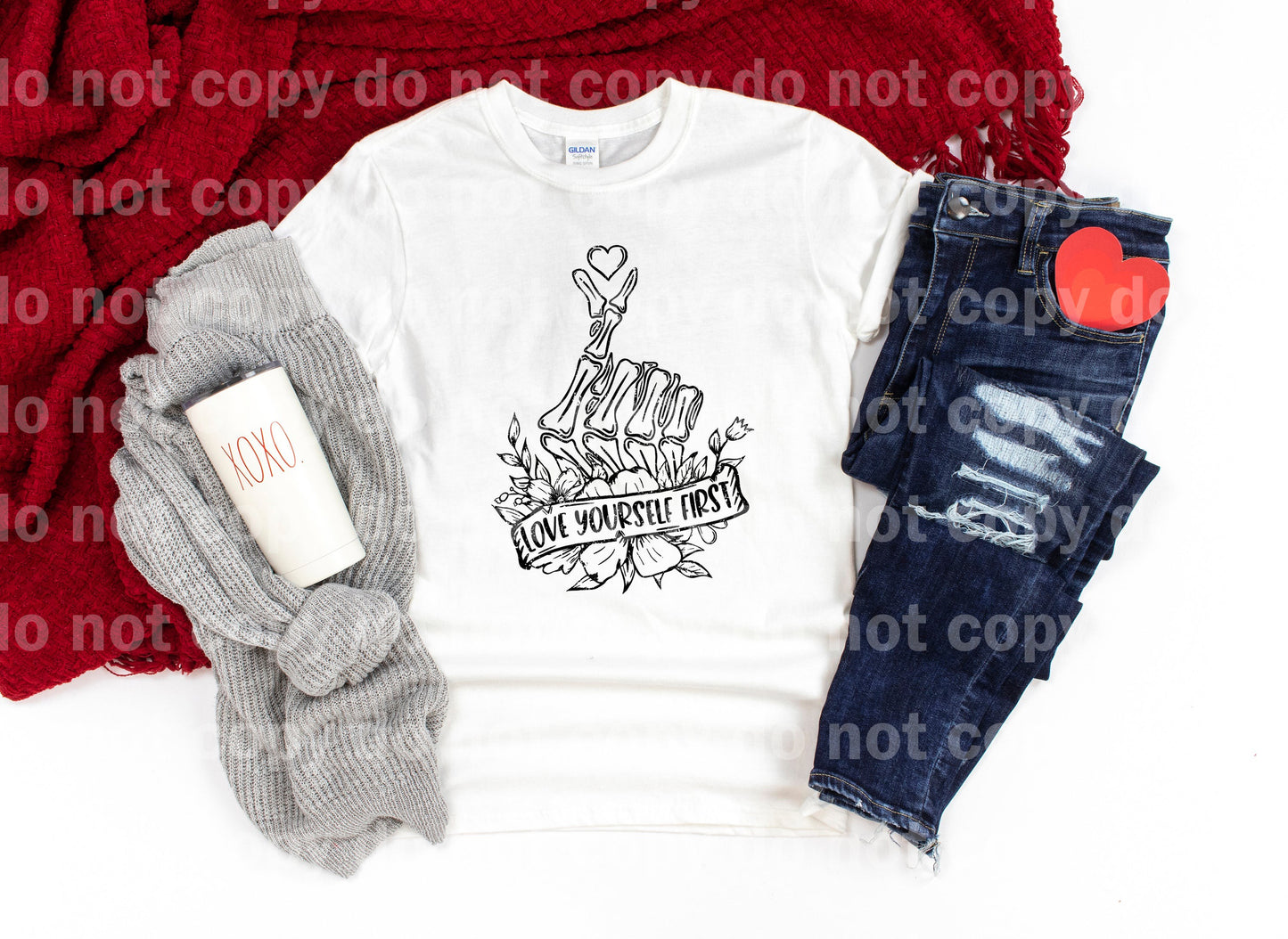 Love Yourself First Heart Finger Skellie Distressed Full Color/One Color with Pocket Option Dream Print or Sublimation Print