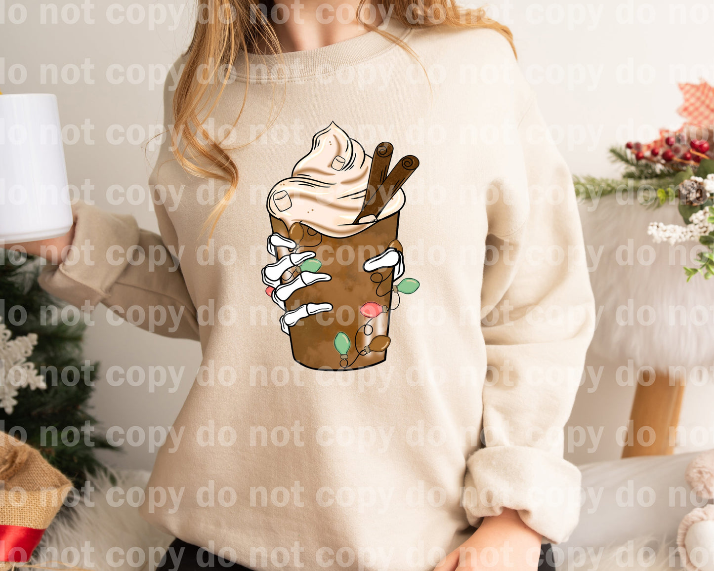 Hot Cocoa Skellie With Optional Two Rows Christmas Lights Sleeve Design Dream Print or Sublimation Print