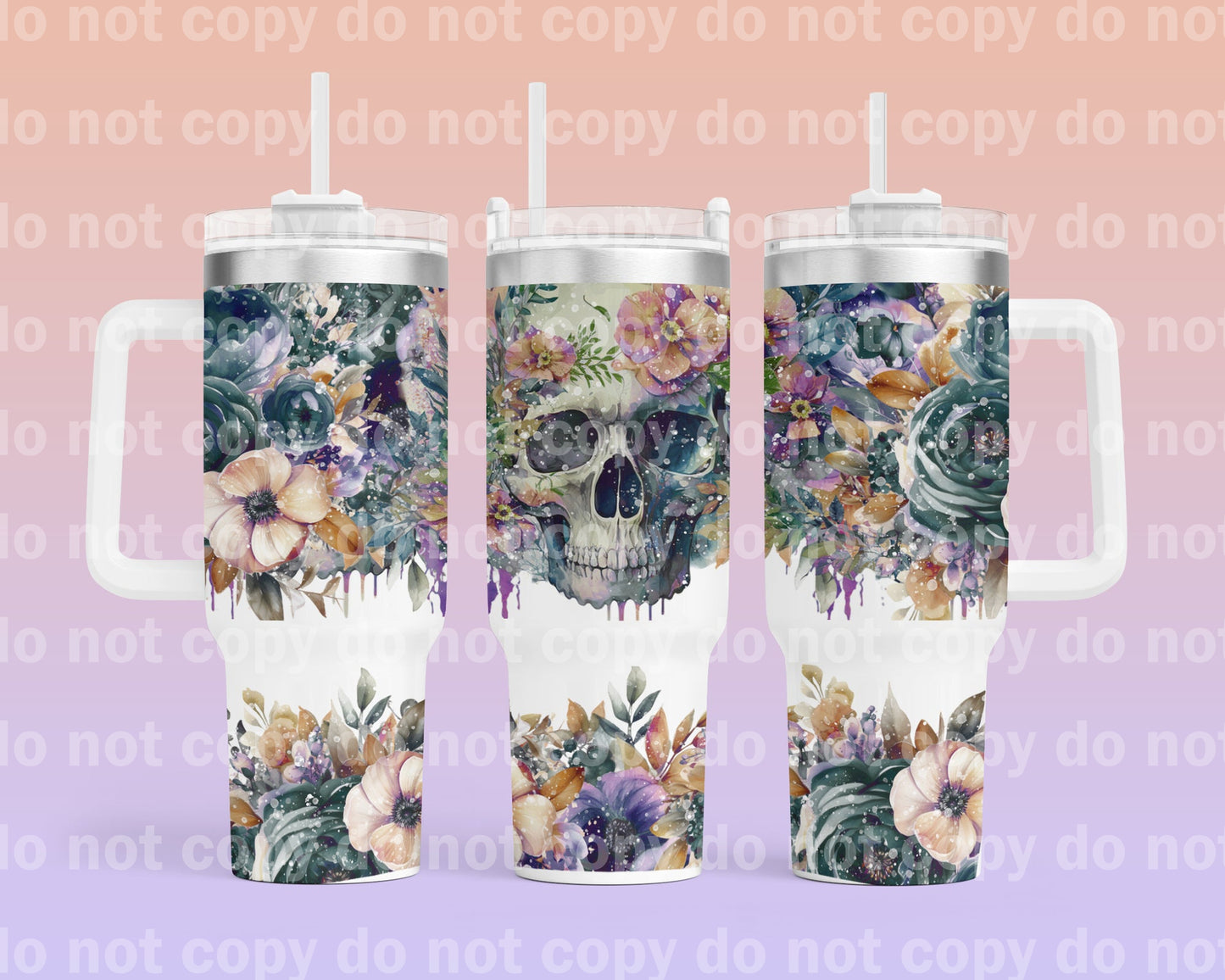 Skull With Flowers Drippy with Bottom Option 40oz Cup Wrap