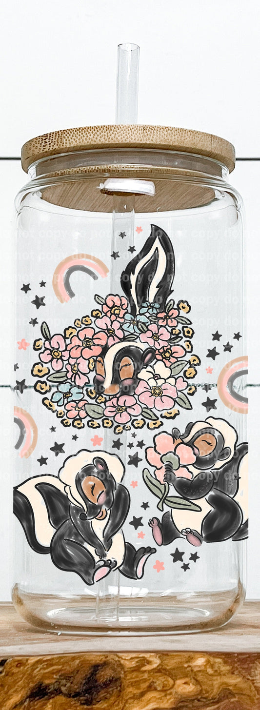 Cartoon Skunk Flower And Rainbow Young Rabbits Decal 3.7 x 4.5