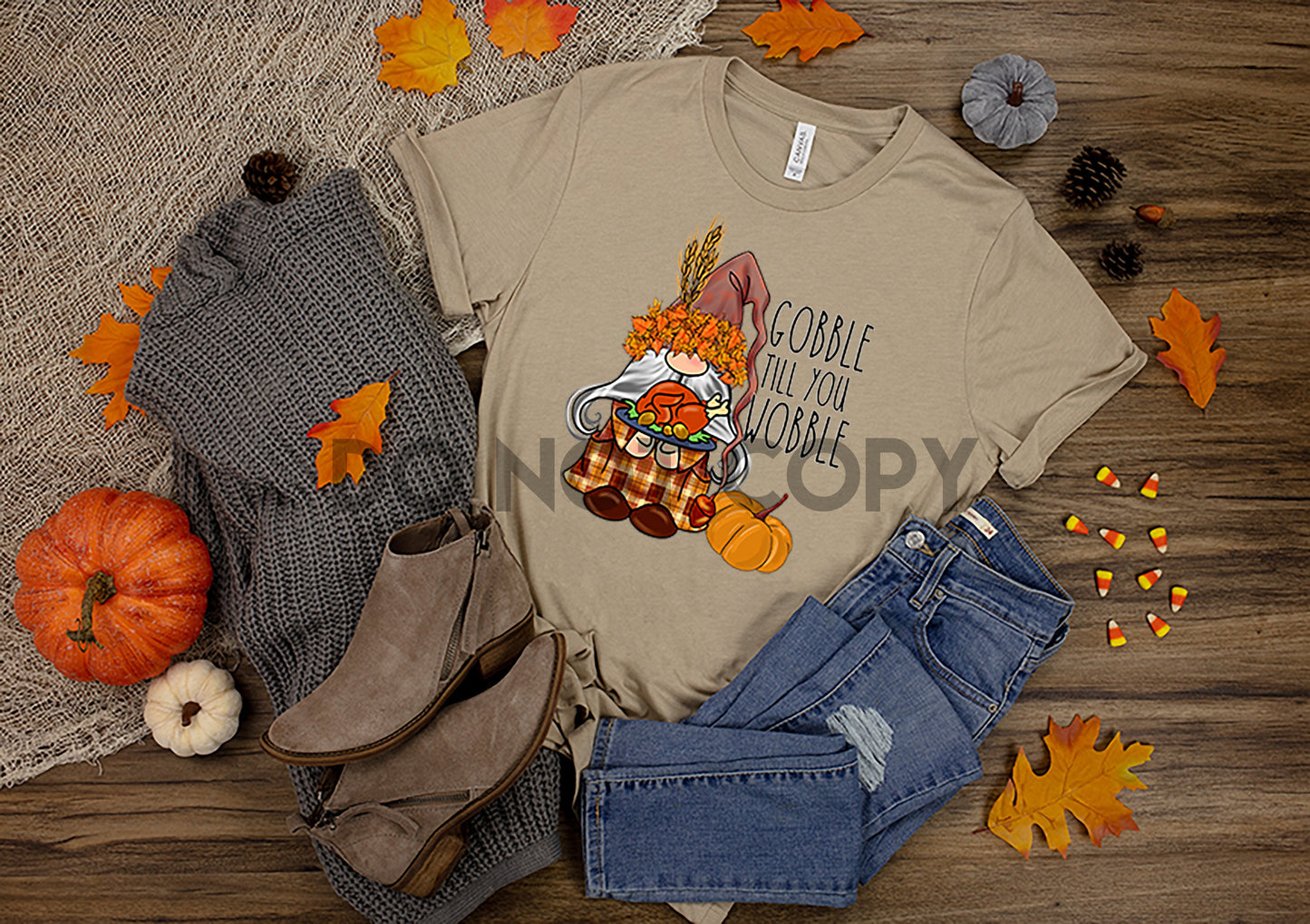 Gnome with Turkey Gobble Till You Wobble Dream print transfer