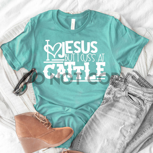 I Love Jesus But I Cuss At Cattle White INK one color Screen print transfer
