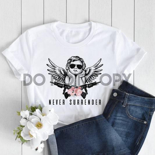 Never Surrender Angel with Gun Floral Sublimation Print