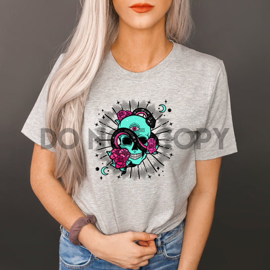 Rosa Teal Cráneo Flor Serpiente ALTO CALOR Transferencia de serigrafía a todo color 