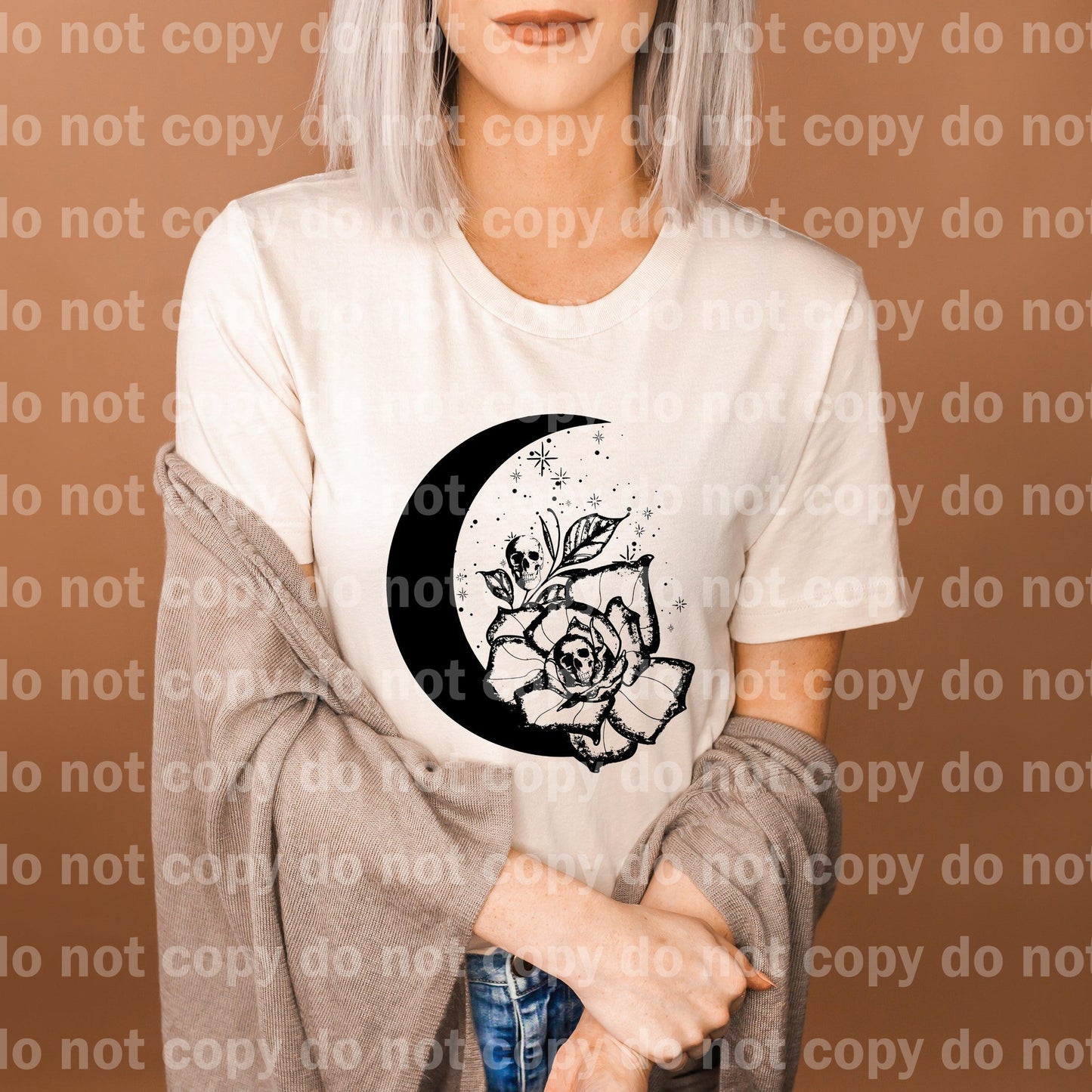 Skellie rose moon BLACK INK one color Screen print transfer