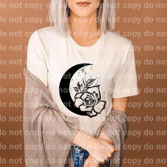 Skellie rose moon BLACK INK one color Screen print transfer