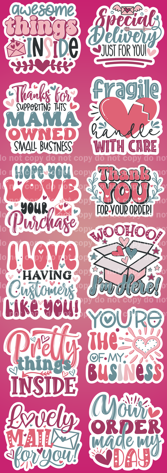 Valentines Day Packaging Stickers Set - 12 Glossy Stickers per sheet
