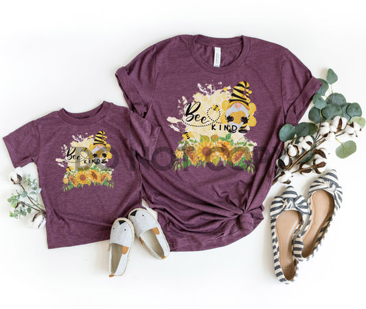 Bee Kind Be kind Gnome sunflowers Low heat adult and youth mommy and me Full color Screen Print transfer