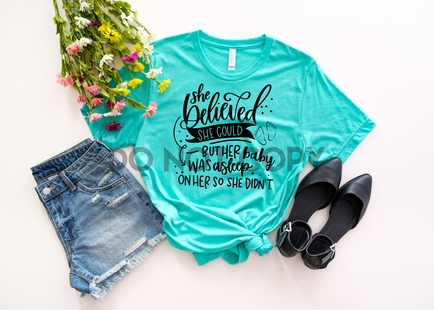 She believed she could but her baby was asleep on her so she didn't one color Screen Print plastisol transfer