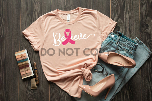 Believe breast cancer awareness pink ribbon Low heat Full color Screen Print transfer