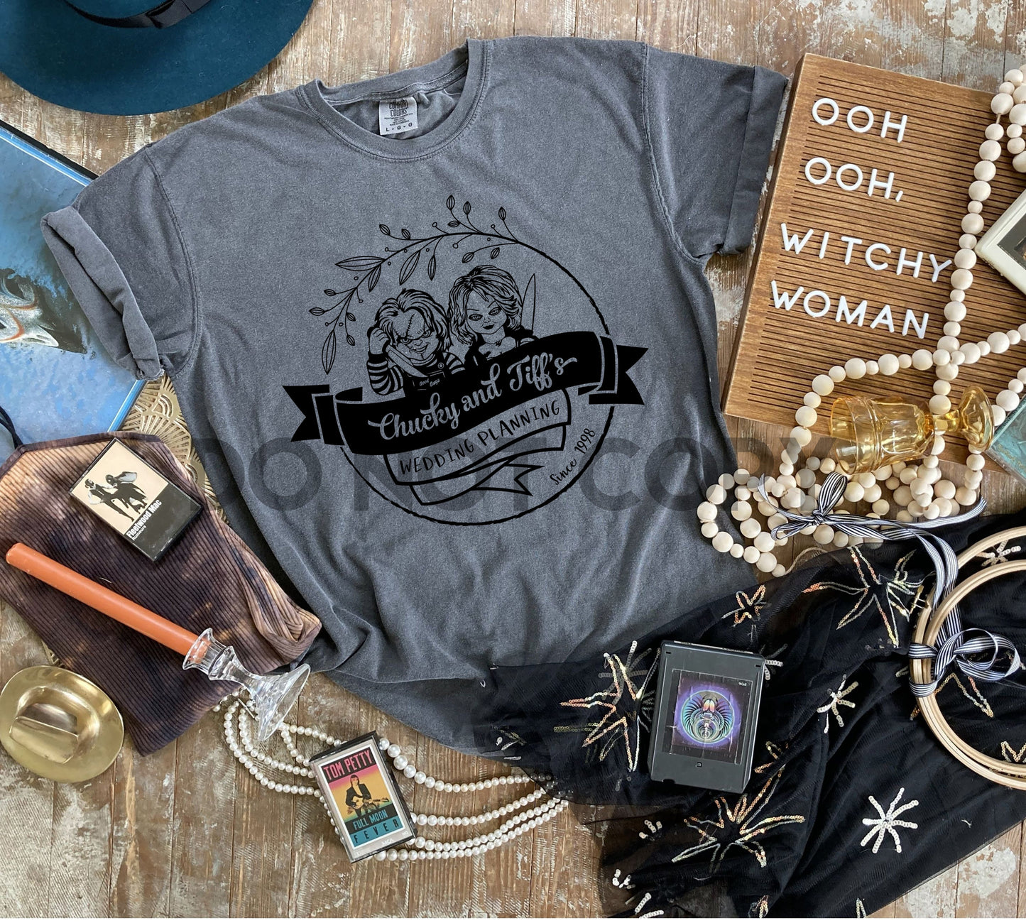 Planificación de la boda de Chucky y Tiff TINTA BLANCA o NEGRA transferencia de serigrafía de un color