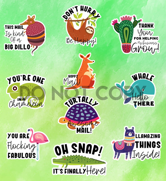 Funny Animal Mail Sticker Set -10 Glossy Stickers per sheet