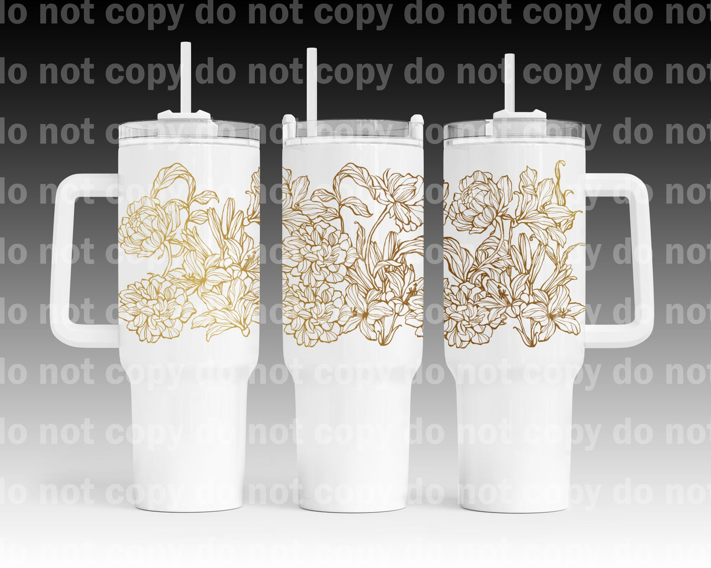 Envoltura de taza de flores doradas de 40 oz con estampado de asa a juego