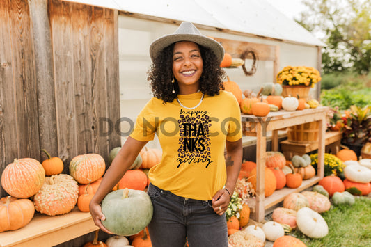 Happy Thanksgiving Black Text Leopard Background Adult and Pocket Size HIGH HEAT Full color Screen Print transfer