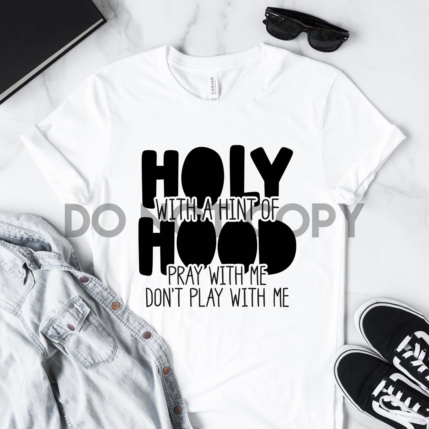 Santo con un toque de capucha, reza conmigo, no juegues conmigo Impresión de sublimación