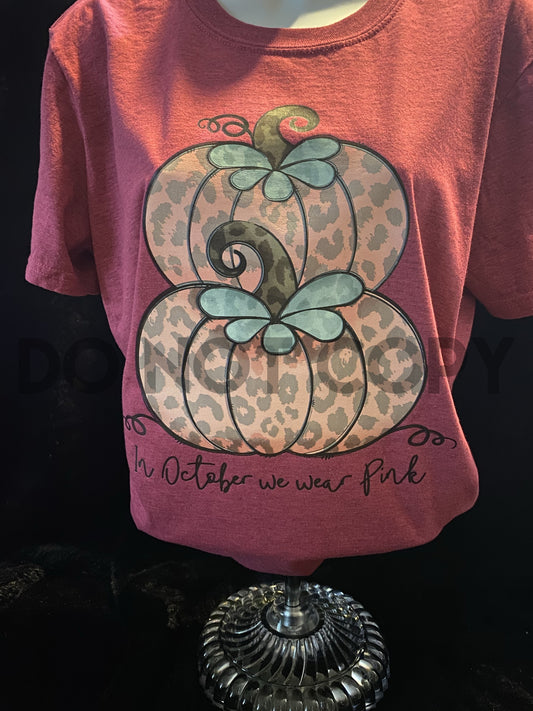 In October we wear Pink Pumpkins leopard Adult Youth Infant Coozie Low heat Full color Screen Print transfer