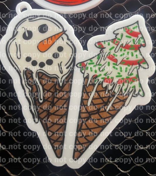 Snowman and tree cake ice cream treats Christmas ornament uv print and acrylic