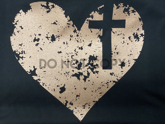 Transferencia serigrafiada a un color con Cruz de Corazón metalizada en oro rosa