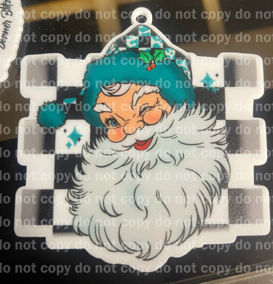 Teal checker checked vintage Santa Christmas ornament uv print and acrylic