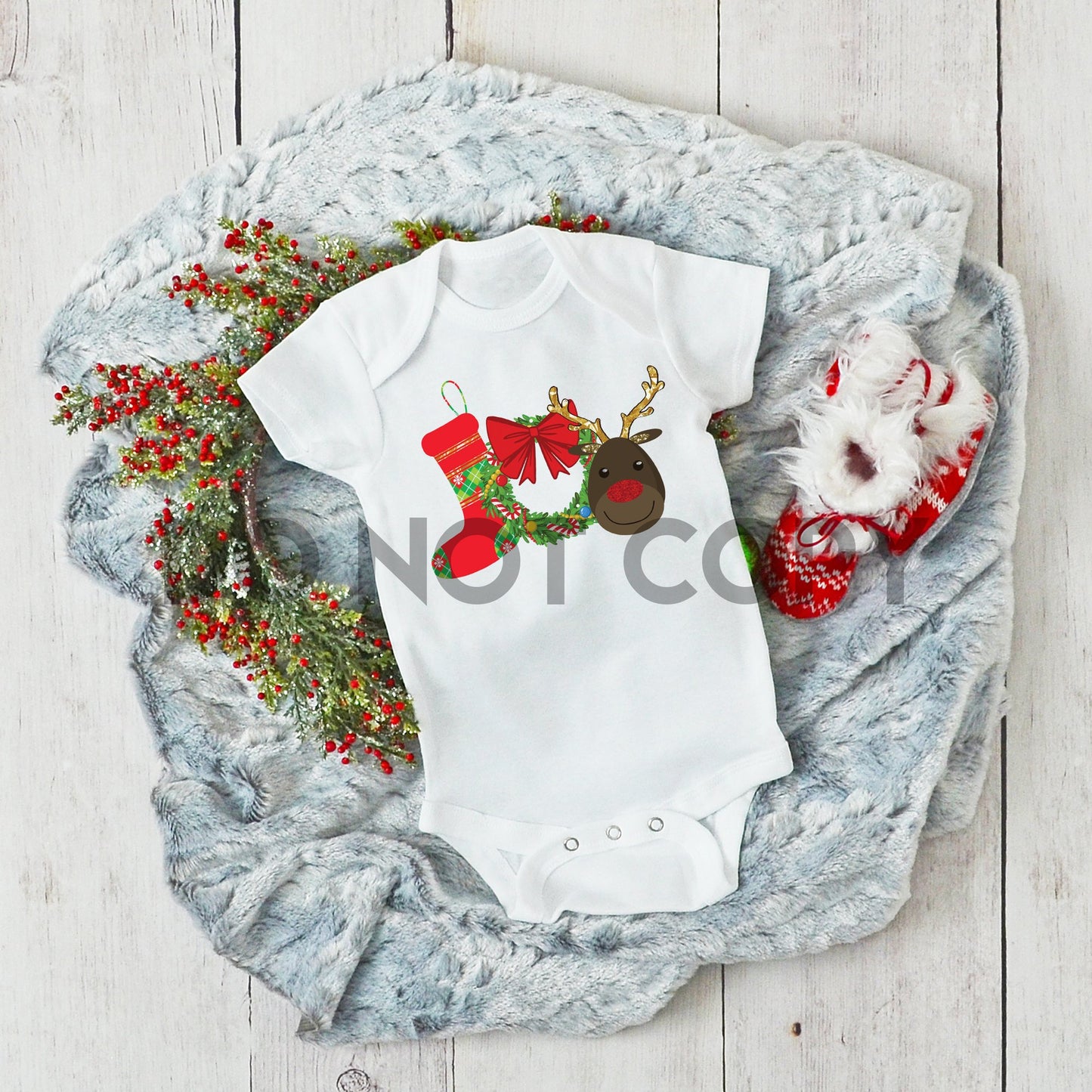 JOY christmas wreath reindeer Infant HIGH HEAT Full color Screen Print transfer