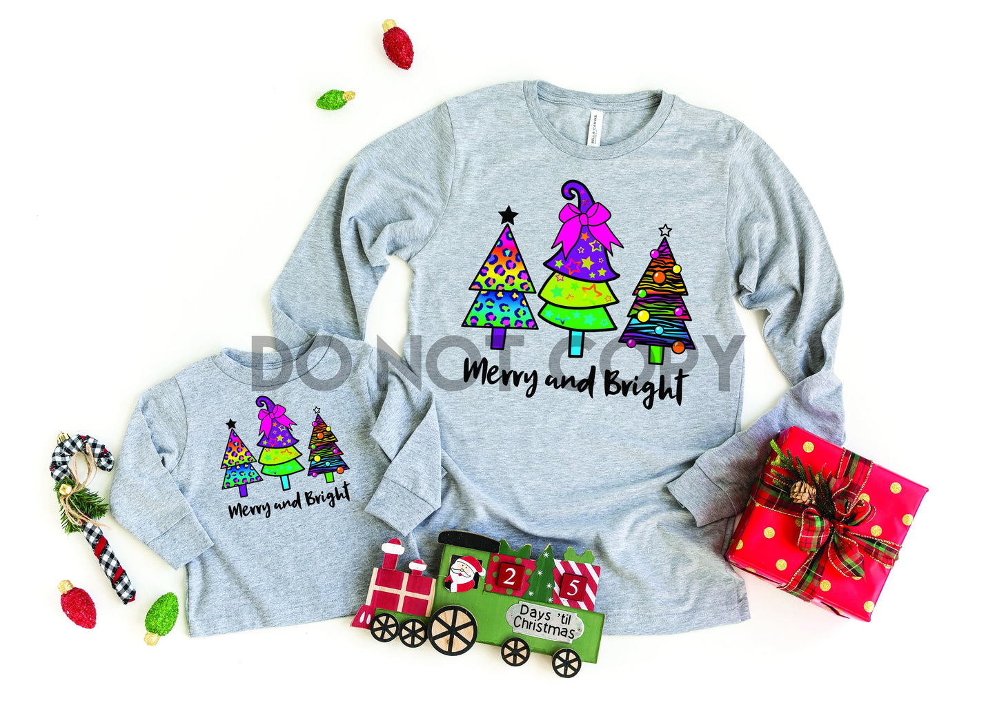 Lisa Frank inspired Merry and Bright Christmas trees adult youth HIGH HEAT Full color Screen Print transfer