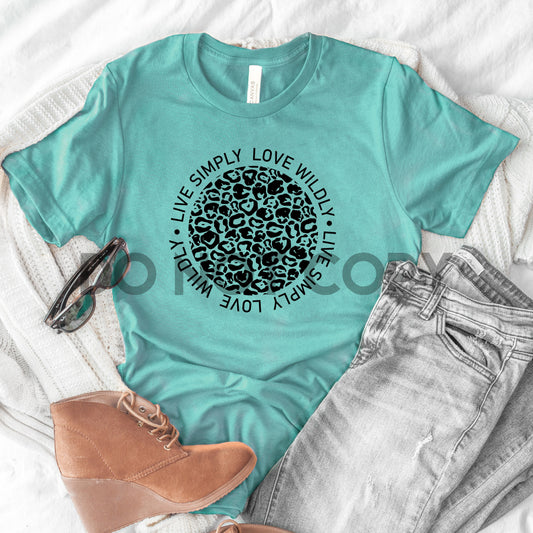 Live Simply Love Wildly Leopard Print Circle transferencia de serigrafía de un color 