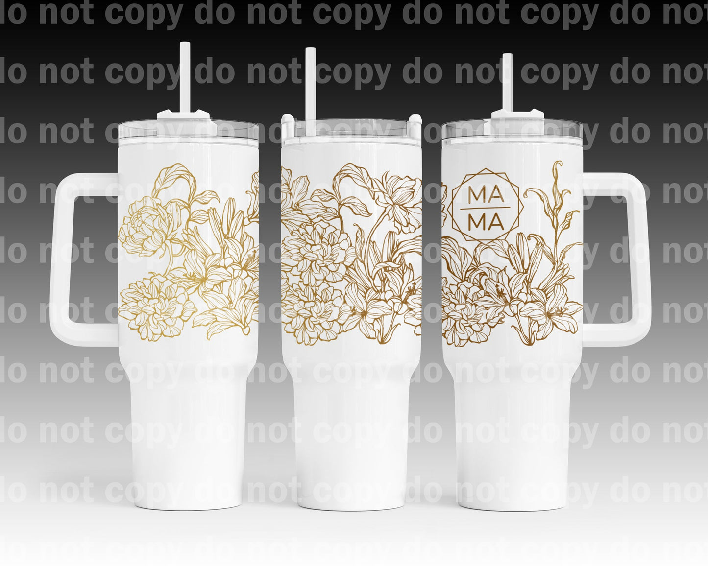 Envoltura de taza Mama Gold Flowers de 40 oz con estampado de asa a juego