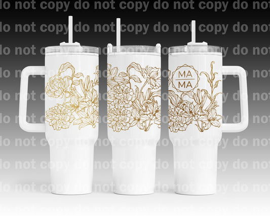 Envoltura de taza Mama Gold Flowers de 40 oz con estampado de asa a juego