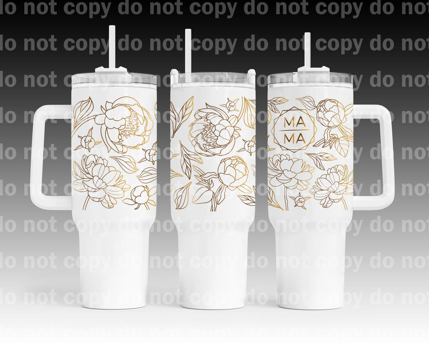 Envoltura de taza Mama Peonies Gold Flowers de 40 oz con estampado de asa a juego