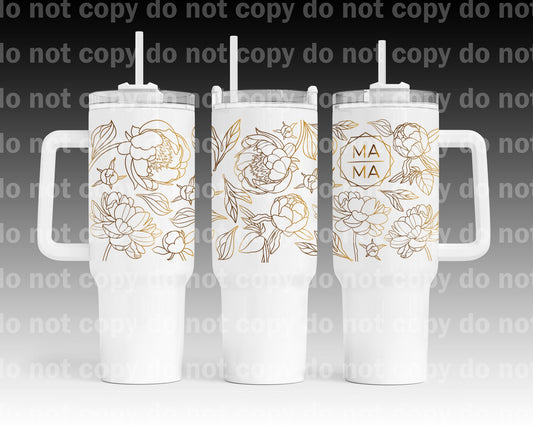 Envoltura de taza Mama Peonies Gold Flowers de 40 oz con estampado de asa a juego