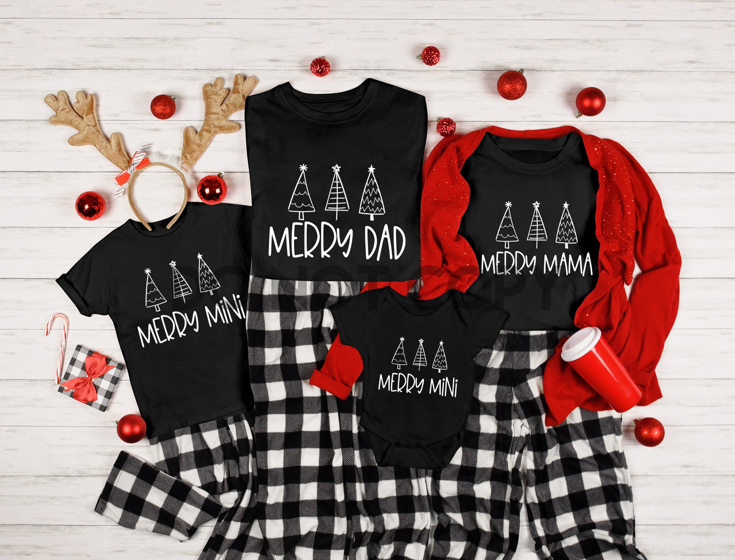Merry Dad, Merry Mama, Merry Mini Youth and Merry Mini Infant Christmas Family Set WHITE INK and BLACK INK one color Screen print transfer