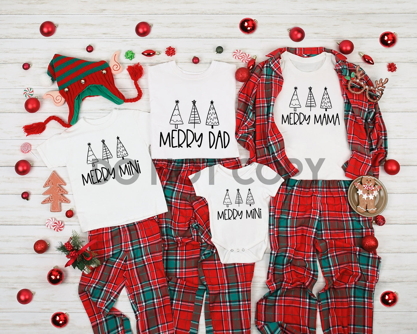 Merry Dad, Merry Mama, Merry Mini Youth and Merry Mini Infant Christmas Family Set WHITE INK and BLACK INK one color Screen print transfer