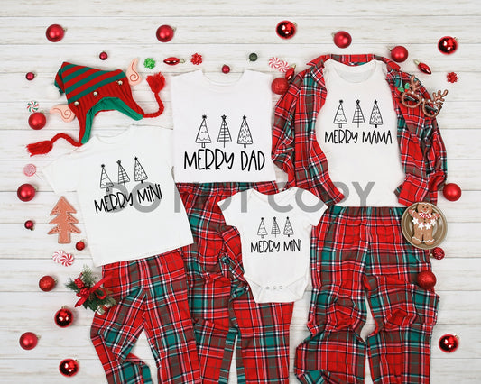 Merry Dad, Merry Mama, Merry Mini Youth and Merry Mini Infant Christmas Family Set WHITE INK and BLACK INK one color Screen print transfer
