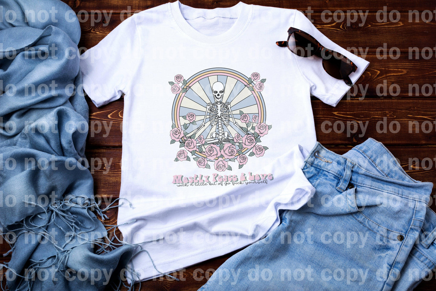 Mostly Peace and Love Rose Yoga Skellie Sublimation print