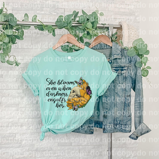 She Blooms Even When Darkness Engulfs Her Skull Flower Butterfly Dream print transfer