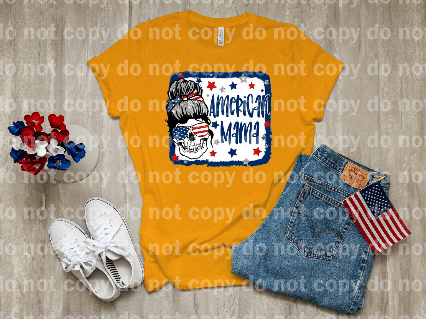 American Mama Patriotic Messy Bun Skull With Background Dream Print or Sublimation Print