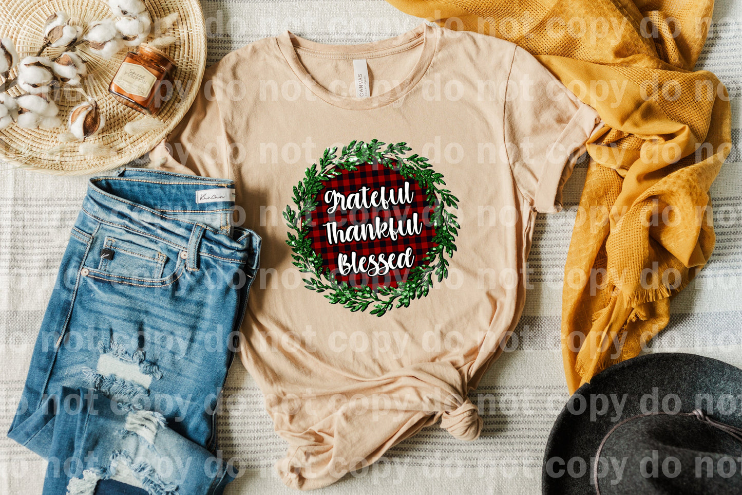 Grateful Thankful Blessed Wreath Red Black Plaid Dream Print or Sublimation Print
