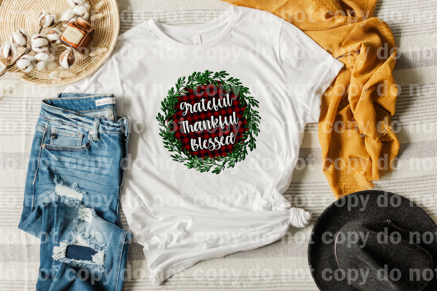 Grateful Thankful Blessed Wreath Red Black Plaid Dream Print or Sublimation Print