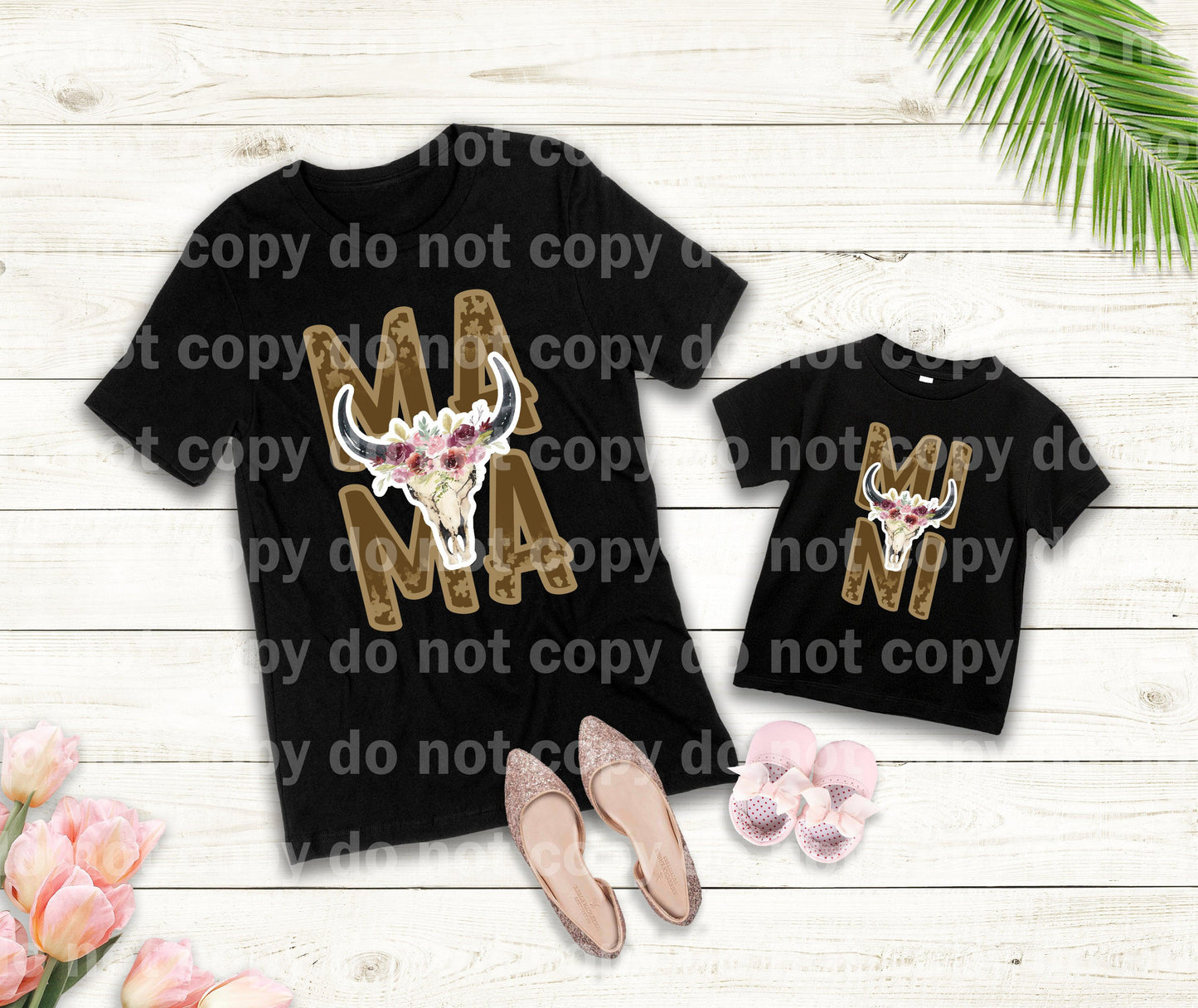 Mama Brown Floral Bull Skull Dream print transfer