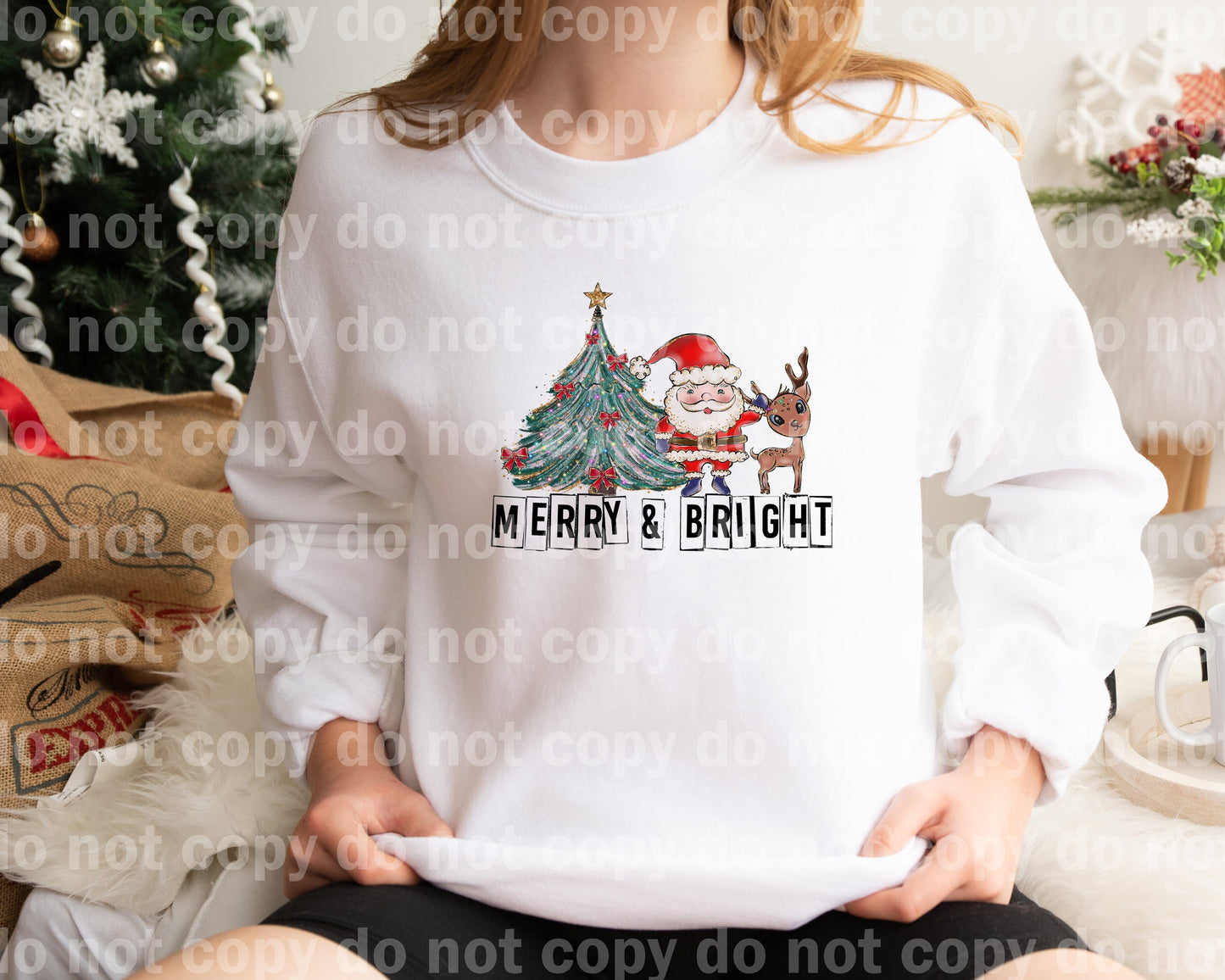 Merry And Bright Christmas Tree Santa Deer Dream Print or Sublimation Print