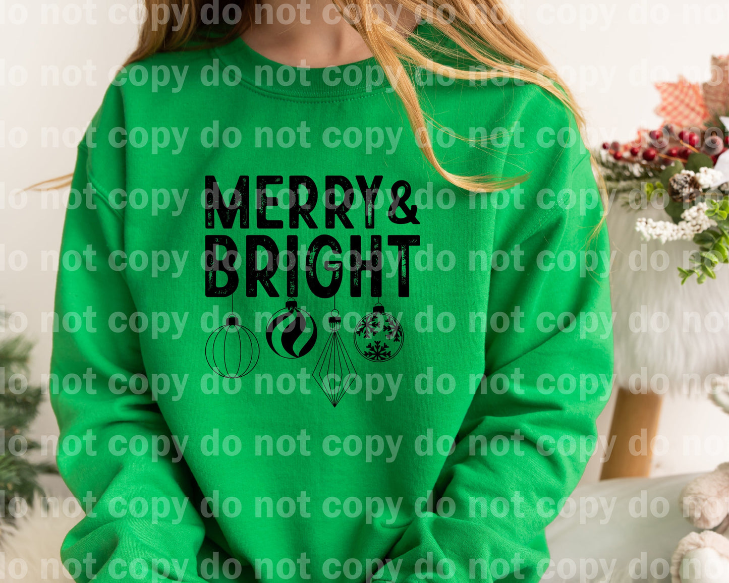 Merry And Bright With Ornaments Distressed Black/White Dream Print or Sublimation Print