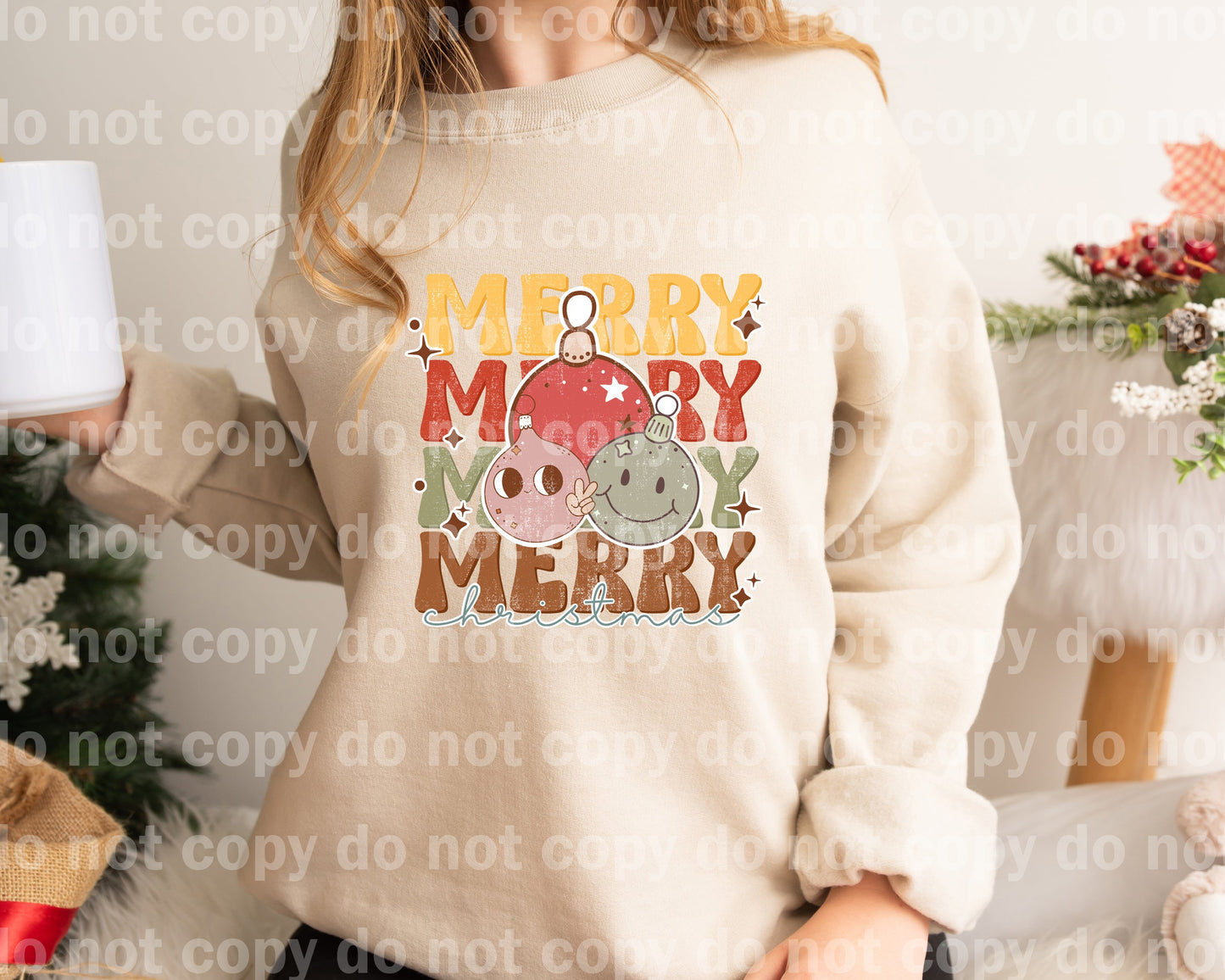 Merry Christmas Retro Bulbs Yellow Distressed Dream Print or Sublimation Print